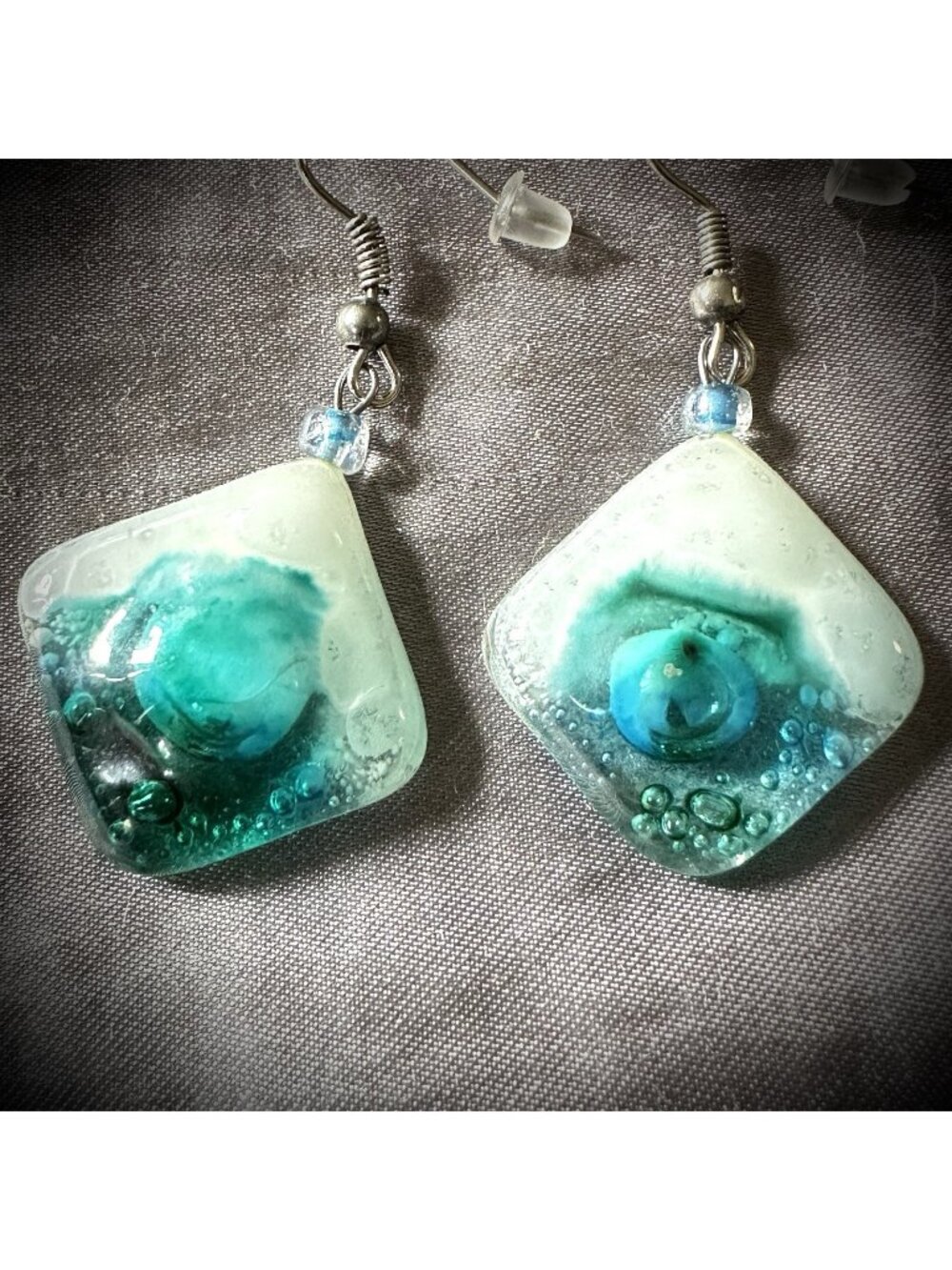 Handmade Glass Ocean Earrings Aqua Seafoam Art Glass Dangle Coastal Jewelry